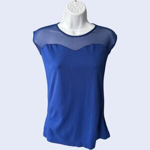 F&F Sheer Mesh Yoke Cap Sleeve Blouse Top Royal Blue Crew Neck Minimalist